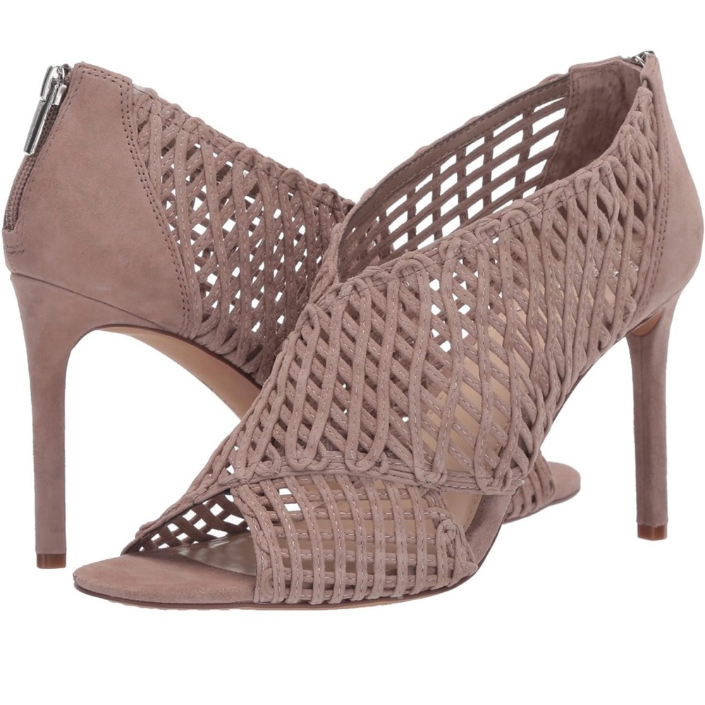 Vince Camuto Armenta Sexy Open Toe Stilettos Wild Mushroom Lux Suede 9 Tan Taupe